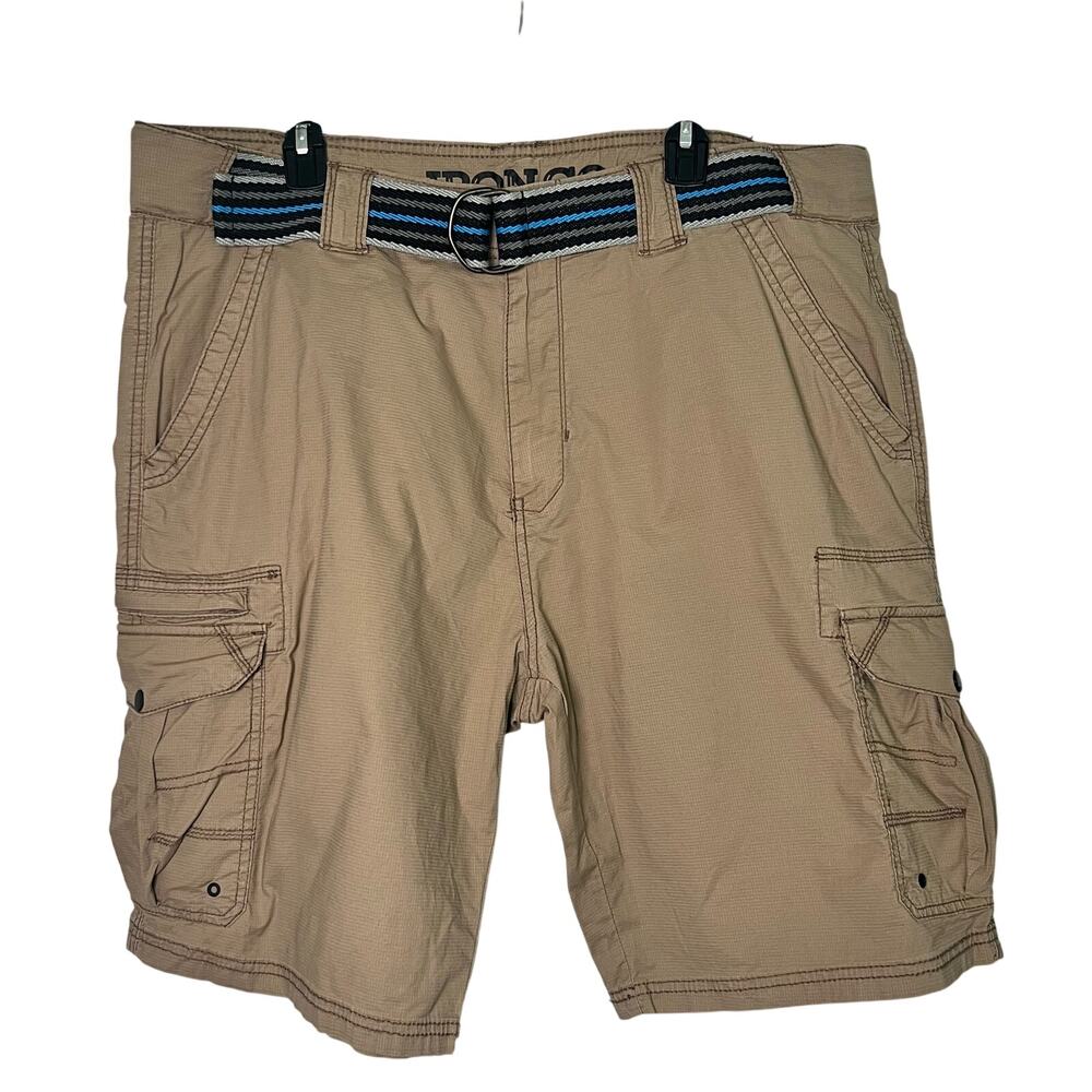 IRON CO Hybrid Cargo Shorts Mens 40 Khaki 4 Way Stretch Belt Cotton Spandex